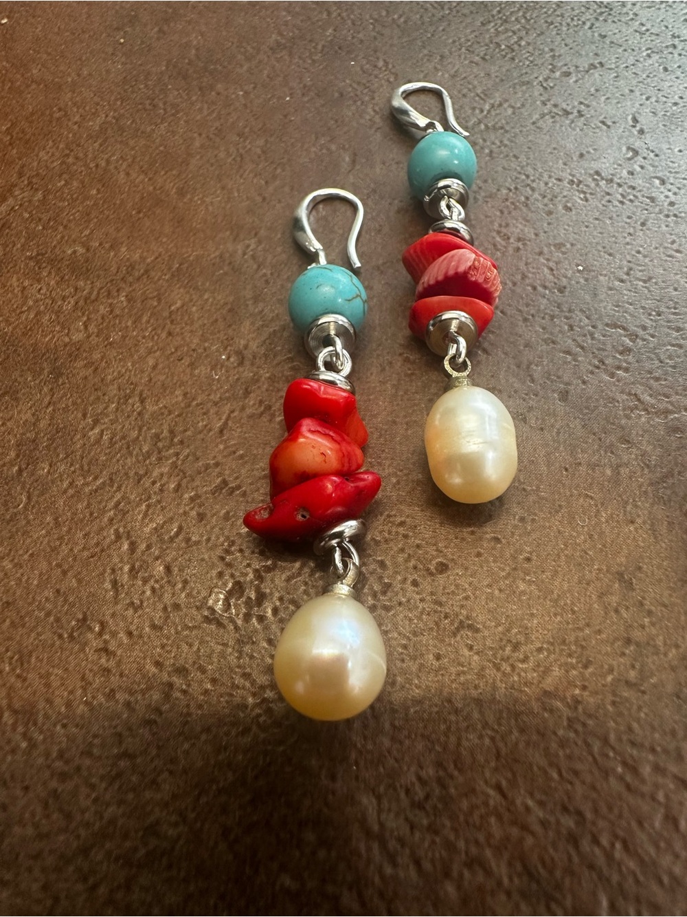 Handmade Turquoise, Red Coral & Pearl Drop Earrings